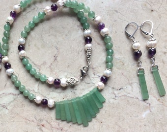 Grüne Jade Halskette Set mit Amethyst, Perlen und passende Ohrringe #NES00121