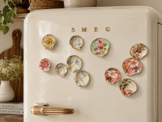 Scallop shell decoupage gold trim refrigerator magnets