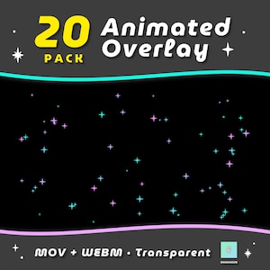 May include: A digital product display featuring the text 20 Animated Overlay Pack with MOV + WEBM Transparent labels. The graphic includes a dark background with scattered cyan and purple four-pointed star icons and wavy neon border lines.