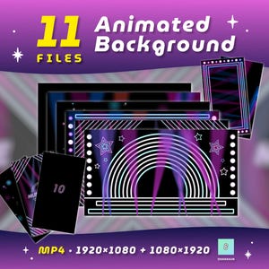Könnte beinhalten: Eine digitale Sammlung von 11 animierten Hintergründen mit Neon-Grafiken, konzentrischen Bögen, Sternen und geometrischen Linien in Violett-, Blau- und Weißtönen. Der Text 11 Animated Background Files, 10, und MP4 1920x1080 + 1080x1920 ist sichtbar.