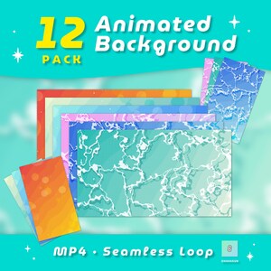 May include: A digital product pack containing 12 animated backgrounds in MP4 format with a seamless loop. The collection features various rectangular graphic designs with water-like patterns, abstract waves, and vibrant color gradients.