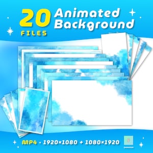 May include: A collection of 20 animated background files featuring blue watercolour cloud patterns on white rectangular frames. The text 20 Animated Background Files is displayed at the top, with MP4 1920x1080 + 1080x1920 printed at the bottom.