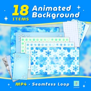 May include: A digital collection of 18 animated backgrounds featuring blue and white snowflake patterns, geometric shapes, and grid designs. The set includes MP4 files with seamless loop functionality, presented with text overlays reading 18 Animated Background Items.