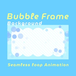 May include: A light blue digital graphic featuring the text Bubble Frame Background and Seamless loop Animation in yellow. The center contains a white rectangular frame with scalloped edges and light blue circular bubble accents.