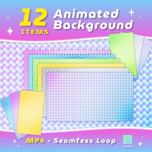 May include: A digital collection of 12 animated backgrounds featuring a seamless loop in MP4 format. The set includes various rectangular panels with a checkered dot pattern in vibrant colors like yellow, green, blue, and purple against a gradient.