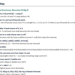 Peut inclure: Un document intitul&eacute; Answer Key avec le titre Loops, Data Structures, Recursion & Big-O. Le texte &eacute;num&egrave;re dix probl&egrave;mes d'informatique num&eacute;rot&eacute;s et leurs solutions, couvrant des sujets comme les boucles, les tableaux, les listes et la notation Big-O.