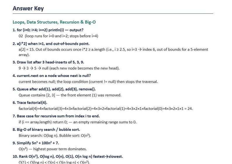 Peut inclure: Un document intitul&eacute; Answer Key avec le titre Loops, Data Structures, Recursion & Big-O. Le texte &eacute;num&egrave;re dix probl&egrave;mes d'informatique num&eacute;rot&eacute;s et leurs solutions, couvrant des sujets comme les boucles, les tableaux, les listes et la notation Big-O.