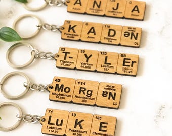 May include: Five wooden keychains featuring names spelled out with square tiles designed to resemble periodic table elements. Each tile displays a large letter, a chemical element name, and atomic numbers. The names include ANJA, KADEN, TYLER, MORGAN, and LUKE, all attached to silver-colored metal key rings.