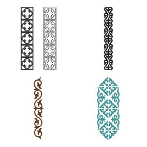 Pode incluir: Quatro padrões de bordado decorativos distintos são exibidos. Duas tiras verticais apresentam motivos de quadrifólio pretos, um sólido e outro delineado. Uma terceira tira vertical mostra um design de vinha preta, enquanto uma quarta exibe um padrão floral azul-petróleo.