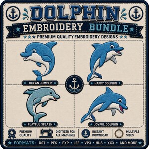 Może przedstawiać: Cyfrowy zestaw wzorów hafciarskich zawierający cztery różne ilustracje niebieskich delfinów z podpisami Ocean Jumper, Happy Dolphin, Playful Splash i Joyful Dolphin. Grafika zawiera ikony kotwic, tekst oraz listę formatów plików, takich jak DST, PES i EXP.
