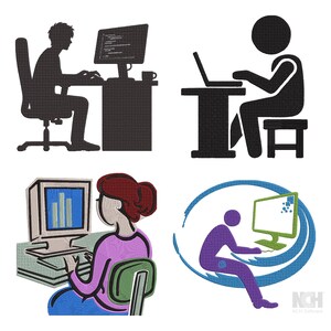 Könnte beinhalten: Vier verschiedene Stickmotive, die Personen bei der Arbeit am Computer zeigen. Zwei sind schwarze Silhouetten von Personen an Schreibtischen, eines zeigt eine Person in einem violetten Hemd vor einem Monitor und eines eine violette Figur.