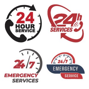 Könnte beinhalten: Vier gestickte Aufnäher mit 24-Stunden-Service-Motiven. Oben links: schwarzes Uhrensymbol mit roter 24 und Telefon. Oben rechts: roter 24h-Schriftzug mit Telefonsymbol. Unten links: roter 24/7-Schriftzug mit Uhr. Unten rechts: roter 24/7-Schriftzug und blaues Notdienst-Banner.