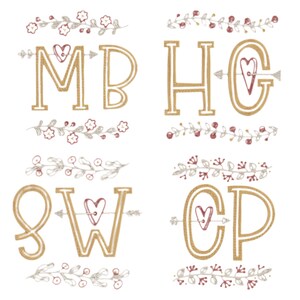 May include: A set of four decorative letter pairs, MB, HG, SW, and CP, rendered in a gold outline font. Each pair features a small pink heart pierced by a horizontal arrow. The letters are framed by delicate, hand-drawn floral vine illustrations.