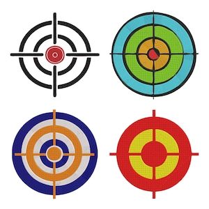 Puede incluir: Cuatro diseños de dianas circulares con patrones de retícula. La superior izquierda es negra con un centro rojo. La superior derecha tiene anillos concéntricos de azul claro, verde y naranja. La inferior izquierda tiene anillos azules, blancos y naranjas. La inferior derecha es roja y amarilla.
