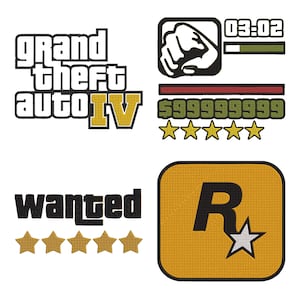 Puede incluir: Una colección de parches bordados que incluye el logotipo de Grand Theft Auto IV, un icono de puño, un reloj digital que marca 03:02, un contador de dinero con 99999999, un letrero de wanted, cinco estrellas doradas y el logo Rockstar Games R.