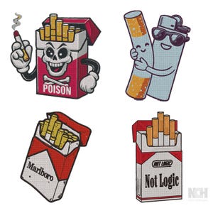 Op de afbeelding: Vier geborduurde patches met cartoonontwerpen: een sigarettenpakje met een schedel en het woord POISON, een sigaret die een aansteker met zonnebril omhelst, een rood pakje met Marlboro en een wit pakje met de tekst Not Logic.