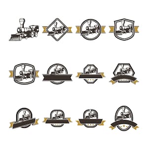 May include: A collection of twelve graphic logo designs featuring a dark brown steam locomotive train. Each emblem incorporates various geometric shapes, including circles, shields, and diamonds, paired with horizontal banners in brown and gold.