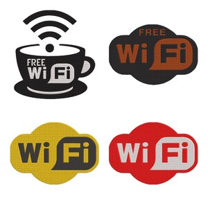 May include: Four embroidered patches featuring Wi-Fi symbols. One is a black coffee cup with a Wi-Fi signal and text FREE Wi Fi. The others are cloud-shaped with text Wi Fi in black and brown, black and yellow, and white and red colour combinations.
