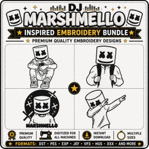 Puede incluir: Un paquete de diseños de bordado digital con el texto DJ MARSHMELLO INSPIRED EMBROIDERY BUNDLE. Incluye cuatro ilustraciones de arte lineal en blanco y negro de un personaje con una cabeza en forma de malvavisco y cara sonriente.