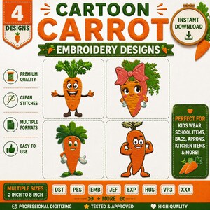 Può includere: Una collezione digitale di quattro ricami di carote in stile cartone animato con varie espressioni e pose, tra cui una carota sorridente con braccia, una con fiocco rosa, una che saluta e una muscolosa, tutte con foglie verdi.
