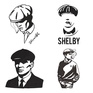 Może przedstawiać: Zestaw czterech czarno-białych ilustracji graficznych przedstawiających postacie w kaszkietach. Trzy postacie palą, a jedna zawiera napis SHELBY. Projekty wykonano w stylu o wysokim kontraście, przypominającym szablon, z wyraźnymi liniami.