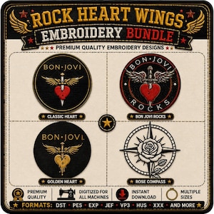 May include: A digital embroidery design bundle titled ROCK HEART WINGS featuring four circular patches: a red heart with wings and a sword, a Bon Jovi Rocks logo with a winged heart, a golden heart with wings and a sword, and a rose compass design.
