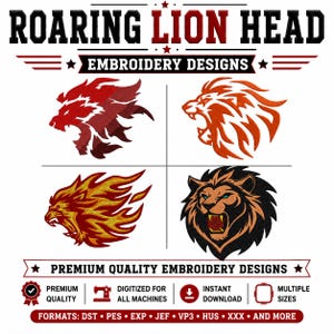 May include: Digital embroidery design set titled ROARING LION HEAD EMBROIDERY DESIGNS featuring four distinct lion head illustrations in red, orange, yellow, and black color schemes, with text indicating premium quality and file formats.