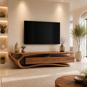 Handcrafted Teak Wood TV Stand, Sculptural Organic Media Console, Modern Living Room Storage