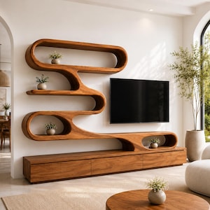 May include: A wall-mounted wooden shelving unit with a fluid, organic shape featuring multiple open compartments and a flat television screen mounted to the right. Below the shelving is a long, rectangular wooden media console with three drawers.