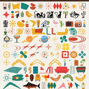 May include: A digital collection of 170 graphic icons featuring mid-century motifs including boomerangs, starbursts, planets, cacti, furniture, animals, and vehicles in a vibrant colour palette. The text 170 VARIATIONS SVG PNG AI EPS is at the top.