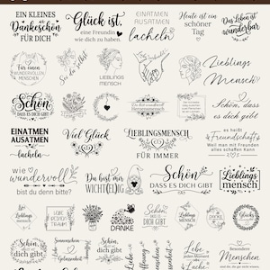 May include: A digital collection of over 50 black graphic designs featuring German phrases, floral illustrations, hearts, and line art. The text includes phrases like Ein kleines Dankeschön, Glück ist, and Lieblingsmensch, presented in various typography styles for SVG, PNG, AI, and EPS files.