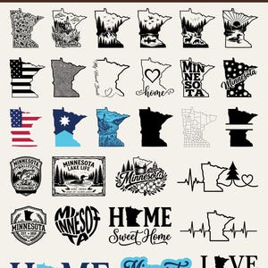 Peut inclure: Une collection de plus de 45 designs graphiques numériques représentant l'État du Minnesota dans divers styles, incluant silhouettes, cartes, art textuel et scènes naturelles. Les designs sont en noir, blanc et bleu, aux formats SVG, PNG, AI et EPS.