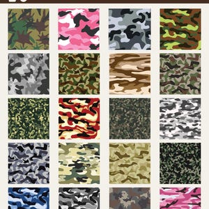 Op de afbeelding: Een digitale collectie van 20 camouflagepatroonvariaties in SVG, PNG, AI, EPS en PDF-formaten. De afbeelding toont een raster van twintig afzonderlijke vierkanten met diverse kleurenpaletten, waaronder roze, blauw, groen, grijs en aardetinten.