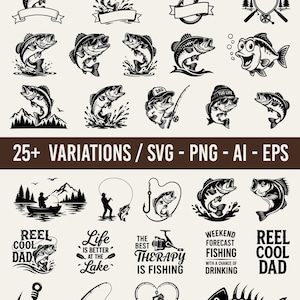 May include: A collection of black and white fishing-themed vector graphics featuring various fish, hooks, rods, and text phrases like REEL COOL DAD, LIFE IS BETTER AT THE LAKE, and THE BEST THERAPY IS FISHING, presented on a light beige background.