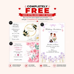 Può includere: Tre modelli di invito a nozze con illustrazioni floreali e di coppia. La suite 1 presenta anelli dorati e fiori bianchi. La suite 2 mostra una coppia con fiori viola. La suite 3 mostra fiori di ciliegio rosa. Il testo include "Wedding Invitation".