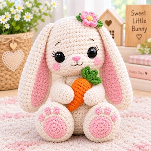 Crochet  Bunny Pattern  Amigurumi Floppy Ear Bunny With Carrot Beginner friendly Instant Digital Download