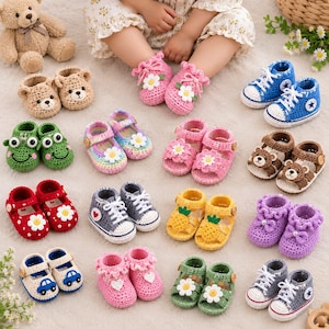 May include: A collection of various crocheted baby shoes featuring diverse designs including teddy bear faces, flowers, pineapples, cars, hearts, and sneaker styles in colors such as pink, blue, green, yellow, red, brown, and purple.