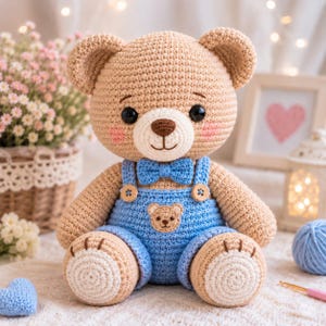 Könnte beinhalten: Ein gehäkelter beigefarbener Teddybär in einer blauen Latzhose mit einem kleinen Bärenkopf-Aufnäher auf der Brust und einer passenden blauen Fliege. Der Bär hat dunkle Augen, eine braun gestickte Nase und helle, beige Kreise an den Fußsohlen.