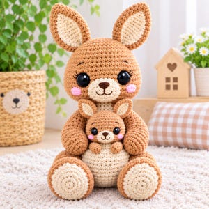 May include: A crocheted kangaroo toy featuring a large parent kangaroo with light brown yarn, cream-coloured belly and foot pads, large black eyes, and pink cheeks, holding a smaller matching baby kangaroo in its front pouch.