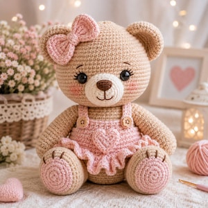 Puede incluir: Un oso de peluche tejido a ganchillo con hilo marrón claro, con un lazo rosa en la cabeza, un conjunto rosa con volantes y un detalle de corazón, y dos pequeños botones de madera. El oso tiene ojos negros, nariz marrón y mejillas rosadas.