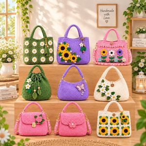 Puede incluir: Nueve bolsos de ganchillo en diversas formas y colores, incluyendo verde, morado, rosa y crema. Los bolsos presentan motivos florales como girasoles y margaritas, con algunos diseños que incorporan detalles de mariposas, borlas y cierres de botones de madera.