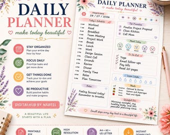 Printable Daily Planner PDF | Hourly Schedule, To Do List & Mood Tracker | Instant Download
