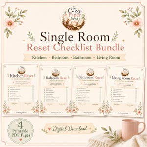 以下が含まれることがあります： Single Room Reset Checklist Bundleと題された4枚の印刷可能なPDFページを含むデジタルダウンロードバンドル。各ページにはキッチン、ベッドルーム、バスルーム、リビングルーム用のチェックリストがあり、花柄のアクセントとThe Cozy Paper Nestのロゴがデザインされています。