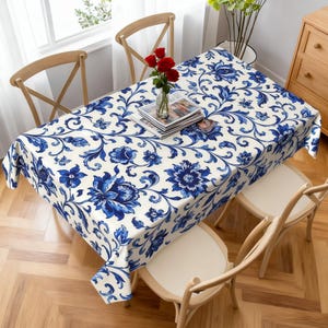 Blue Floral Rectangle Tablecloth, Washable Polyester Elegant Table Cover for Kitchen, Dining, Wedding, Indoor Outdoor Decor