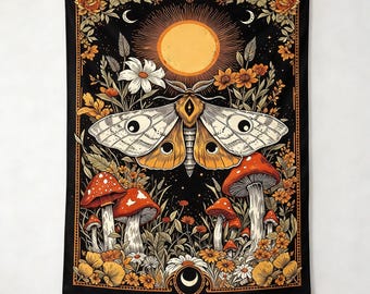 Sun Moth Red Mushroom Tapestry, Boho Botanical Wall Hanging, Mysterious Polyester Wall Decor for Bedroom Dorm Apartment