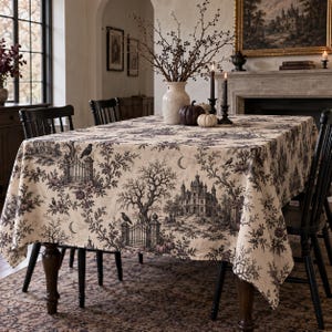 Haunted Manor Toile Tablecloth, Gothic Halloween Rectangle Table Cover, Vintage Haunted House Dining Decor, Dark Academia Linen