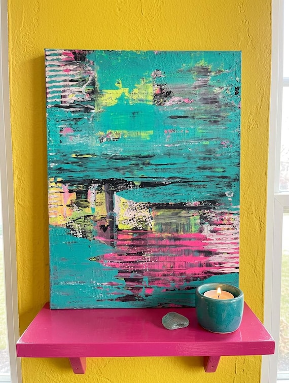 Hand-Painted Neon Abstract Acrylic Canvas Panel Art (9x12 inch)