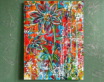 Handgeschilderd acryl bloemen canvas paneel kunstwerk – een decoratief accentstuk met textuur