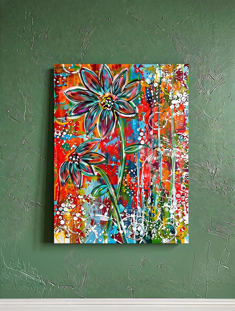 May include: A rectangular canvas painting featuring two stylized flowers with teal, purple, and dark blue petals. The background is a vibrant, abstract composition of red, orange, blue, and green paint splatters with white circular line patterns.