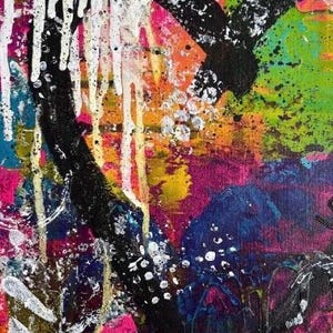 May include: An abstract painting on canvas featuring a vibrant mix of colors including hot pink, lime green, orange, and deep blue. A prominent thick black curved line dominates the composition, accented by white paint drips and splatters.
